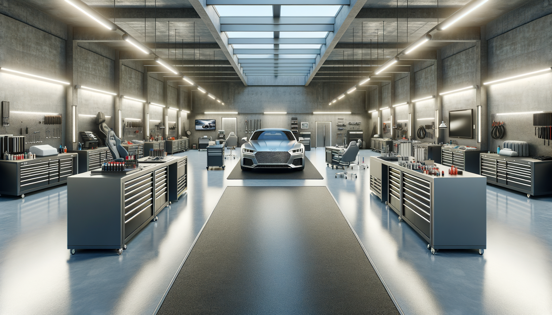 A modern automotive workshop with a silver sports car in the center, surrounded by workbenches, tools, and equipment.