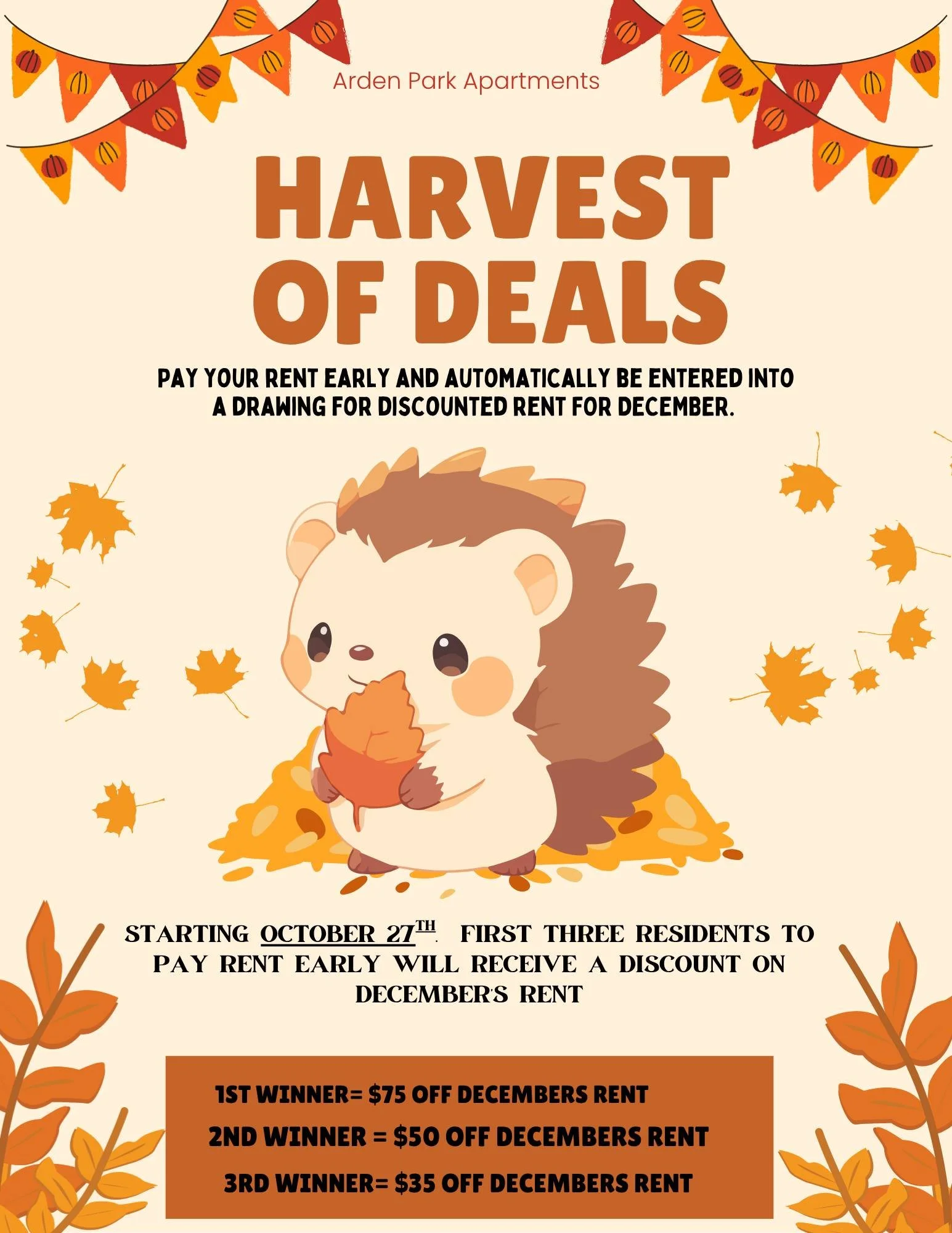 Who doesn't want a discount on rent?💵😎💲
 Starting today, the first three residents to pay rent (in full) will receive a discount for December's rent. 💰
1️⃣place wins $75 dollars off Decembers rent
2️⃣place wins $50 dollars off Decembers rent
3️⃣p