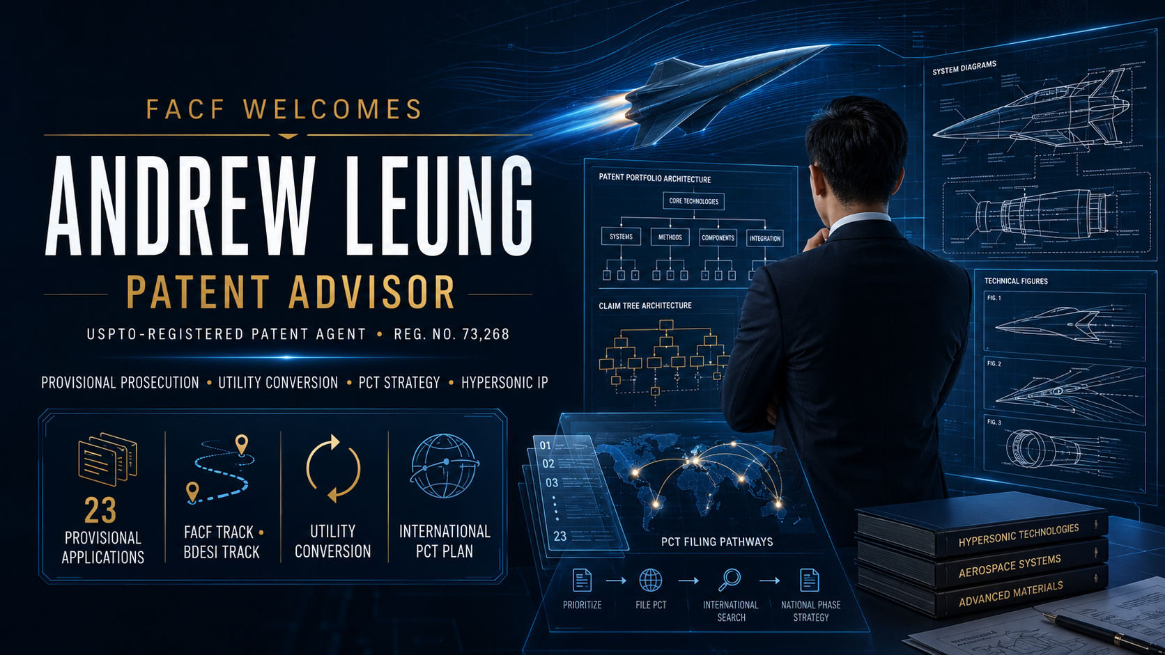 An individual dressed in a business suit standing in front of a futuristic digital interface with diagrams, charts, and plans related to aerospace technology and patent strategy.