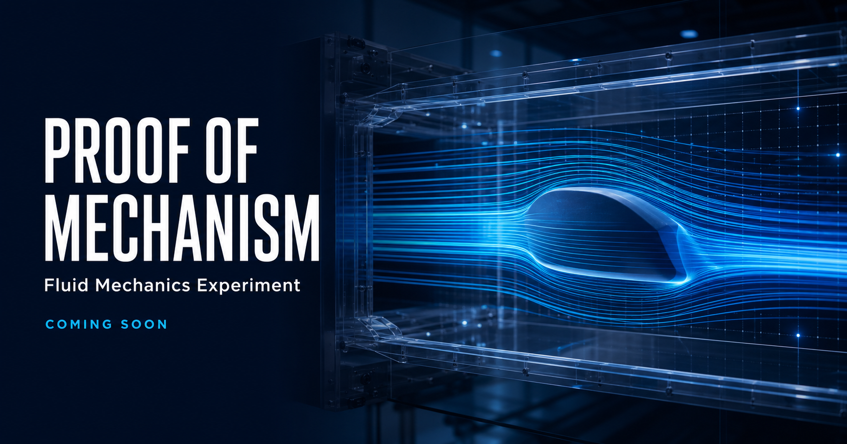 A digital graphic of a fluid mechanics experiment with blue lines showing airflow or liquid flow through a transparent tunnel, with text indicating a proof of mechanism, fluid mechanics experiment, and 'coming soon'.