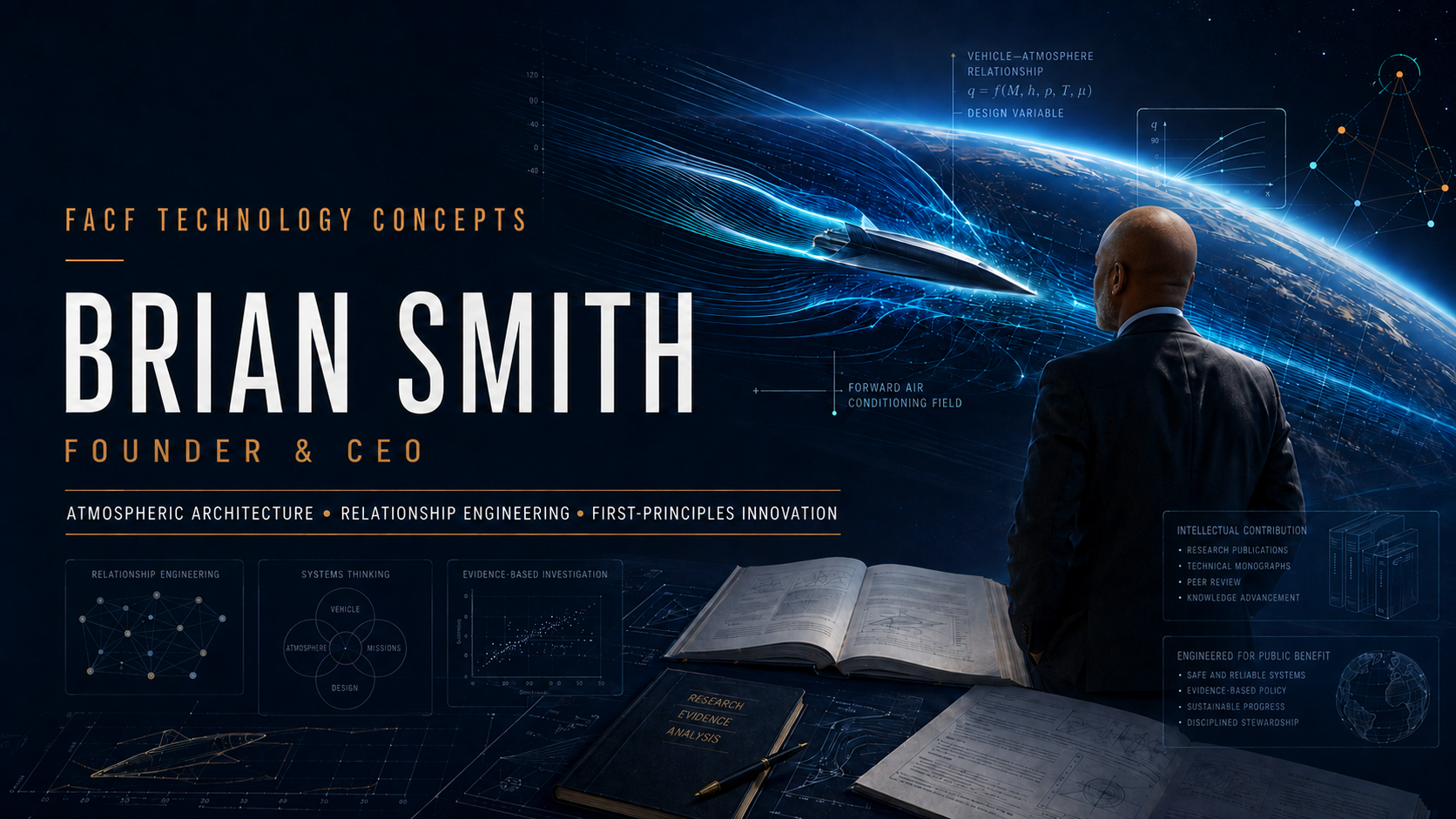 A professional man standing in front of a space-themed digital backdrop featuring a spacecraft, data visualizations, and technical diagrams. The image includes text highlighting Brian Smith, Founder & CEO, with concepts related to atmospheric architecture, relationship engineering, and innovation.