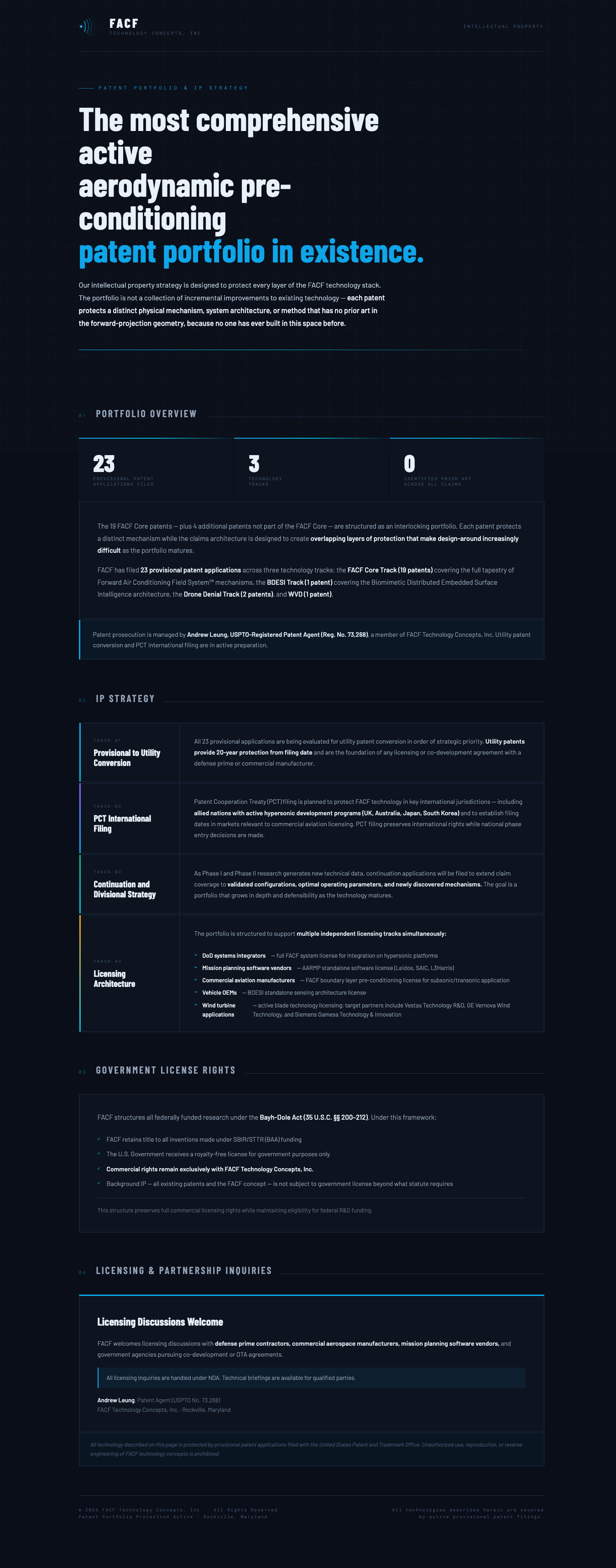 A digital presentation slide titled 'The most comprehensive active aerodynamic pre-conditioning patent portfolio in existence' describing technology-related patent strategy, portfolio overview, government license rights, licensing and partnership inquiries.