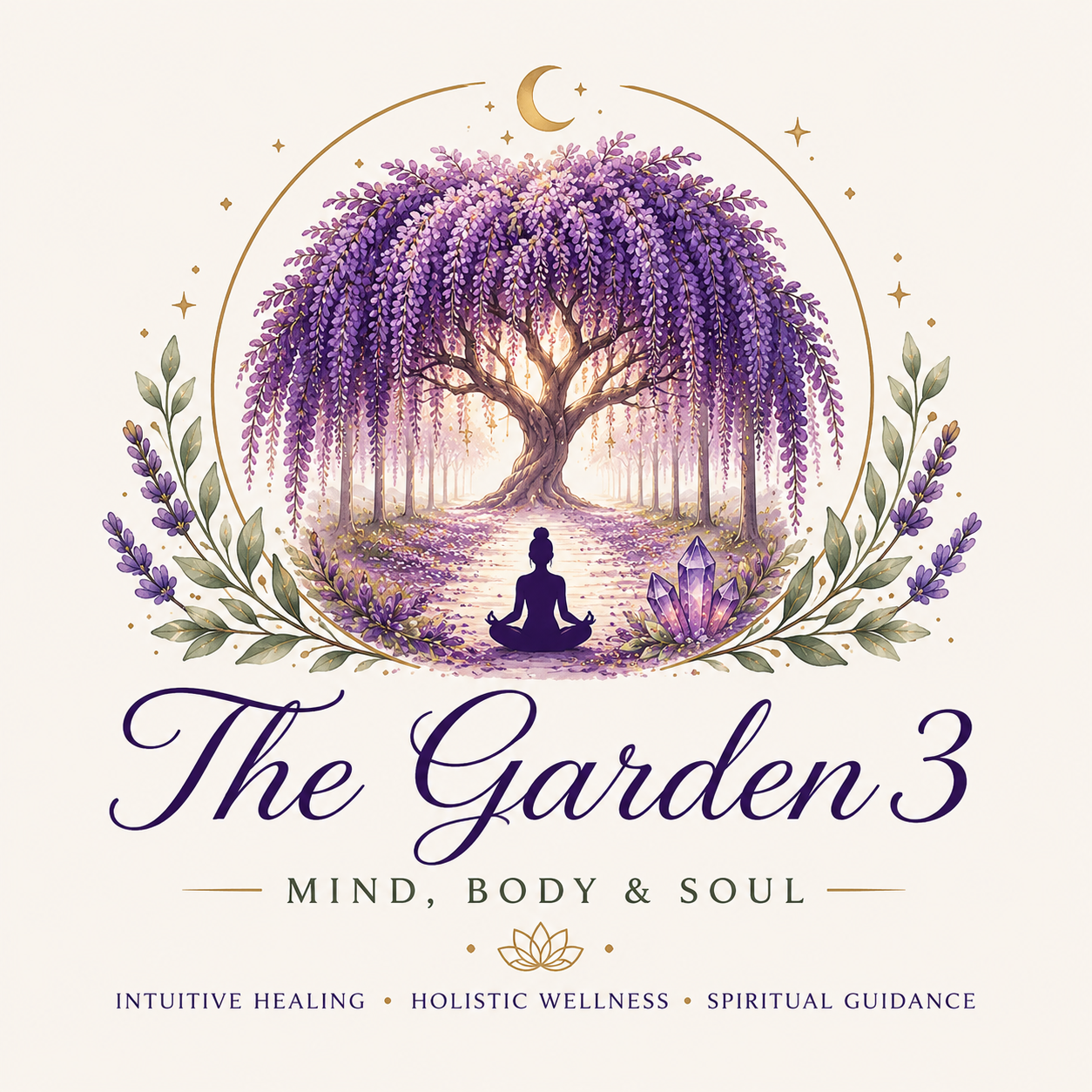 An artistic illustration of a large purple flowering tree with a person meditating underneath, surrounded by lavender flowers, crystals, and celestial symbols, with the text "The Garden 3: Mind, Body & Soul" and additional phrases about healing and wellness.