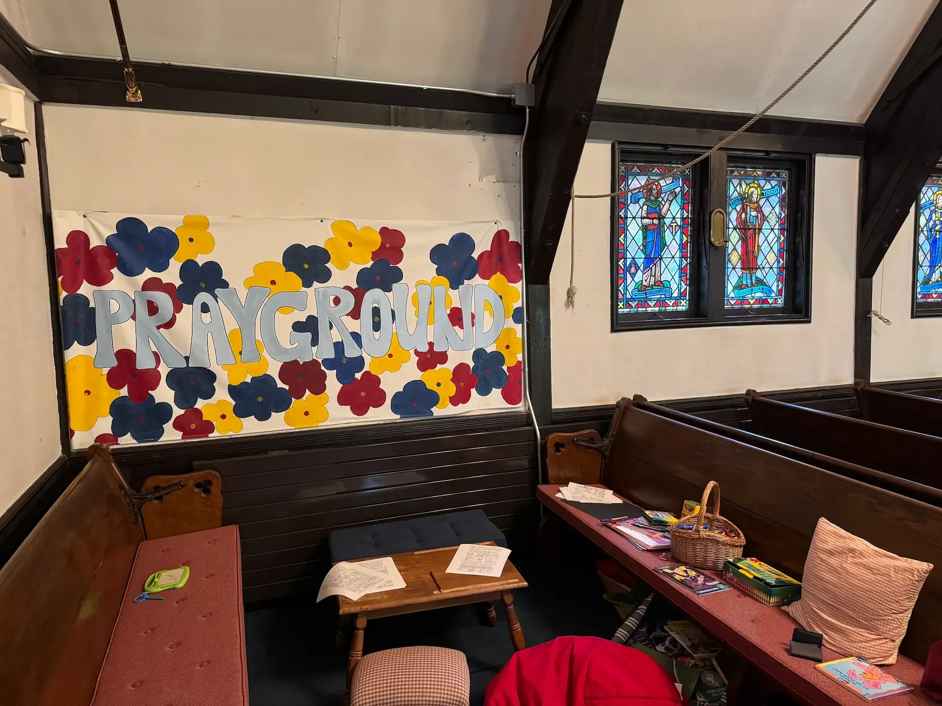 Children participate in worship in their "prayground" int he back of the sanctuary, at Parish of St. Paul Episcopal Church