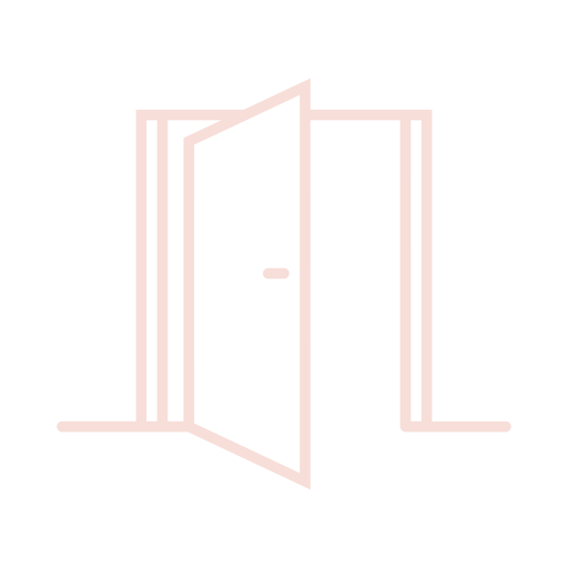 Open door with a small doorknob and a frame outlined in light pink on a black background.