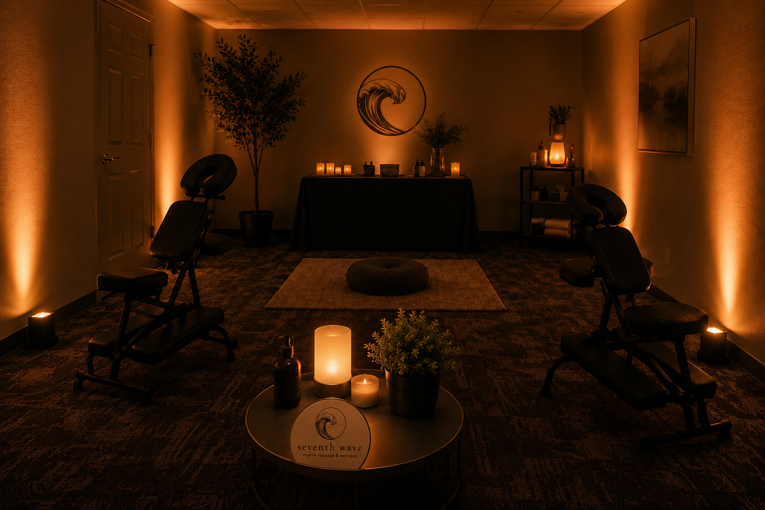 A dimly lit massage therapy room with two massage chairs, candles, and plants creating a relaxing atmosphere.
