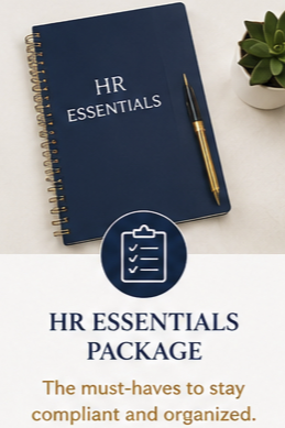 Cover of a booklet titled 'HR Essentials', with a gold pen on top and a potted plant nearby, promoting an HR essentials package.