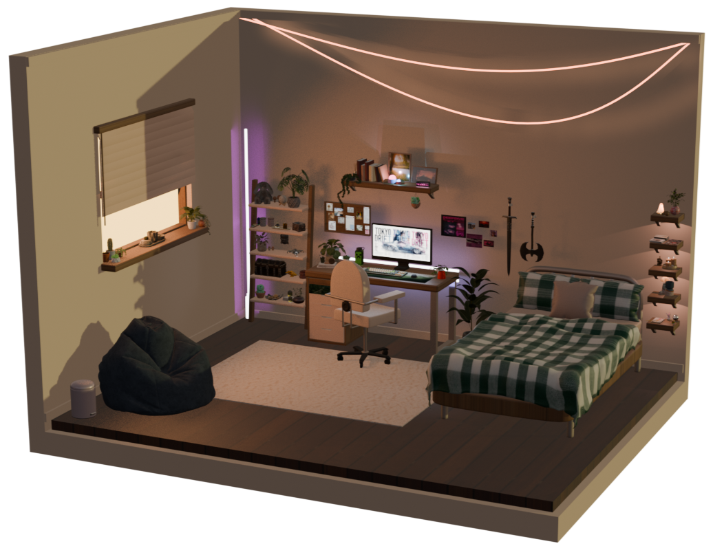 A cozy bedroom with a bed covered in a green and white checkered blanket, decorated with pillows; a desk with a computer monitor and a white chair; a black bean bag chair next to a window with blinds; and various wall decorations, shelves, and plants creating a warm ambiance.