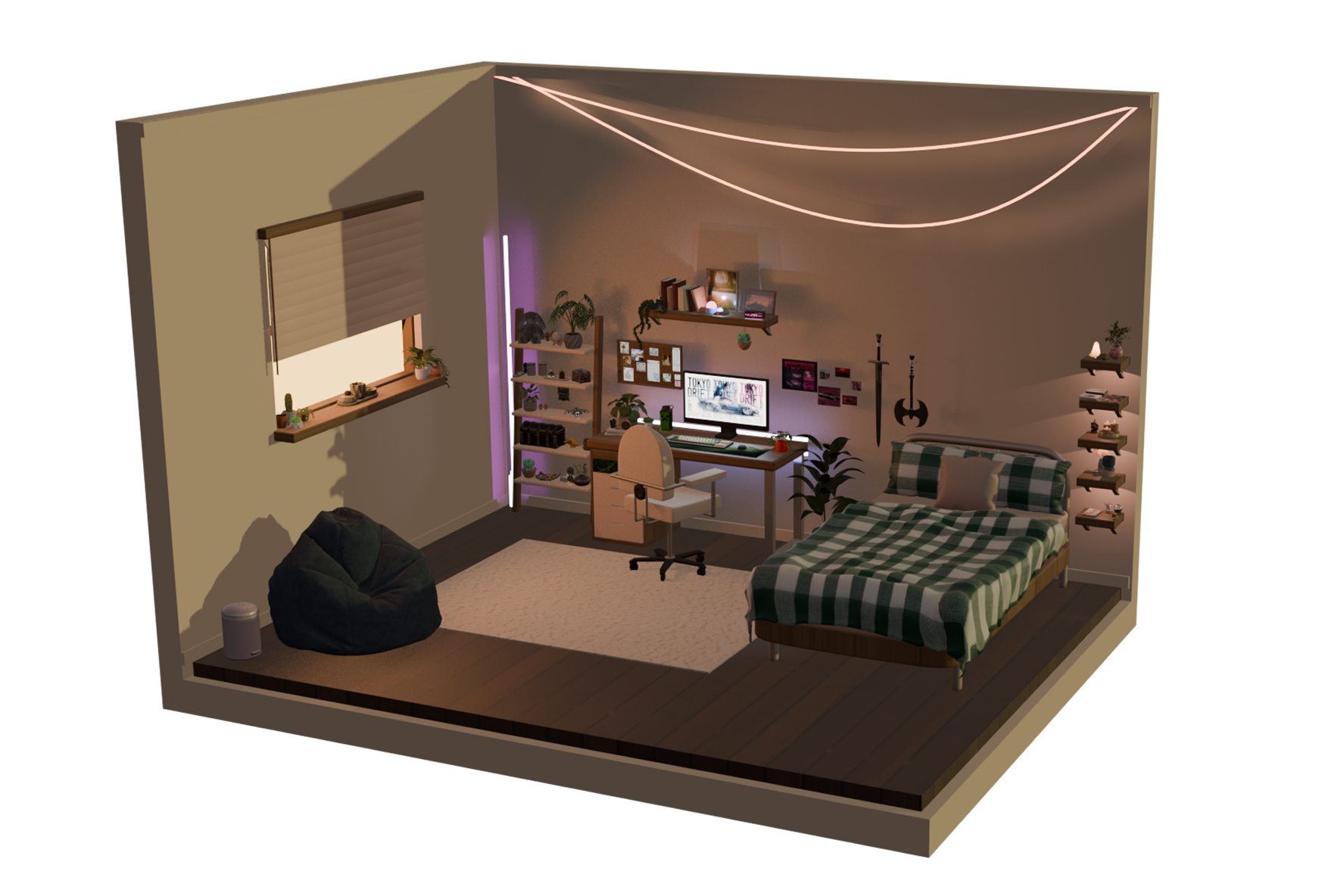 Cozy bedroom with a bed covered in a green plaid blanket, a desk with a computer, shelves with books and plants, a window with blinds, and string lights hanging from the ceiling.