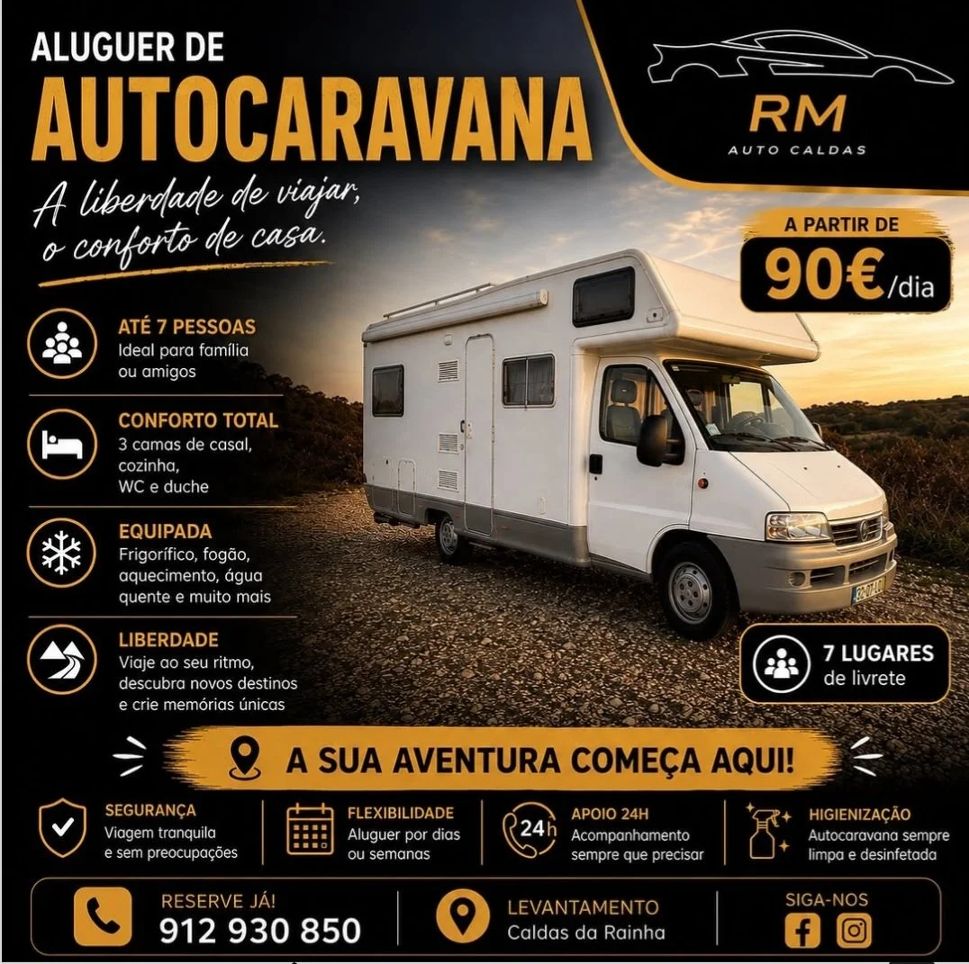 Anúncio de aluguel de autocaravana para até 7 pessoas, com conforto total, equipada com frigorífico, fogão, aquecimento, água quente, e incluindo 7 lugares de livrete, começando em 90 euros por dia, localizado em Caldas da Rainha, com contato telefônico e ícones de segurança, flexibilidade, suporte 24h e higienização.