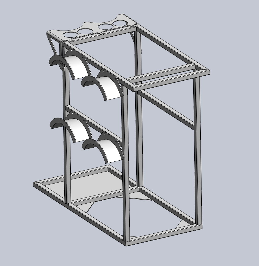 A 3D model of a metal golf bag cart with four cup holders on top, curved side supports, and a lower shelf for golf bags.
