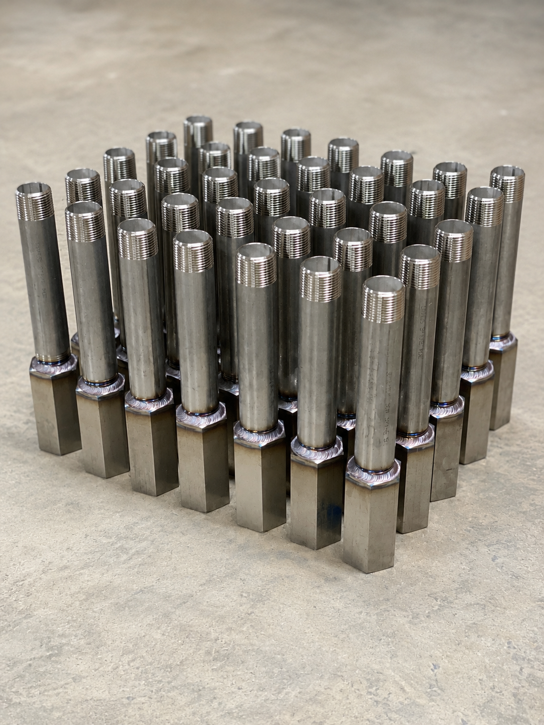 Several metal bolts with threaded ends arranged in a circular pattern on a concrete surface.