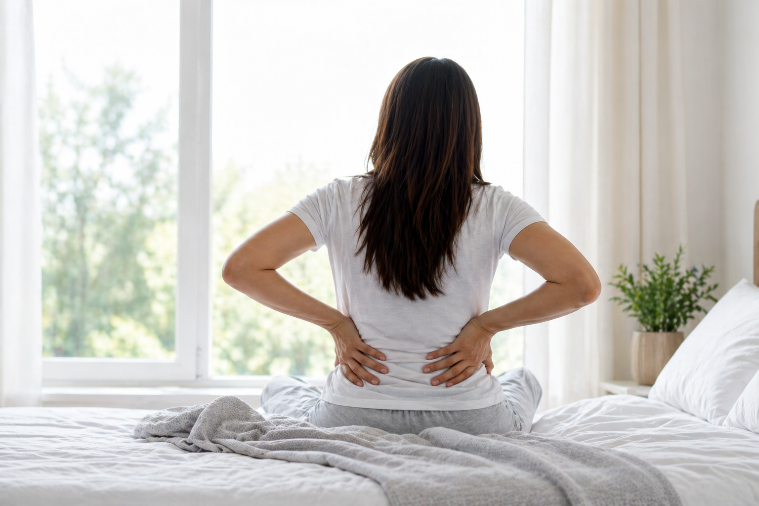 Mujer sentada en la cama con dolor en la espalda