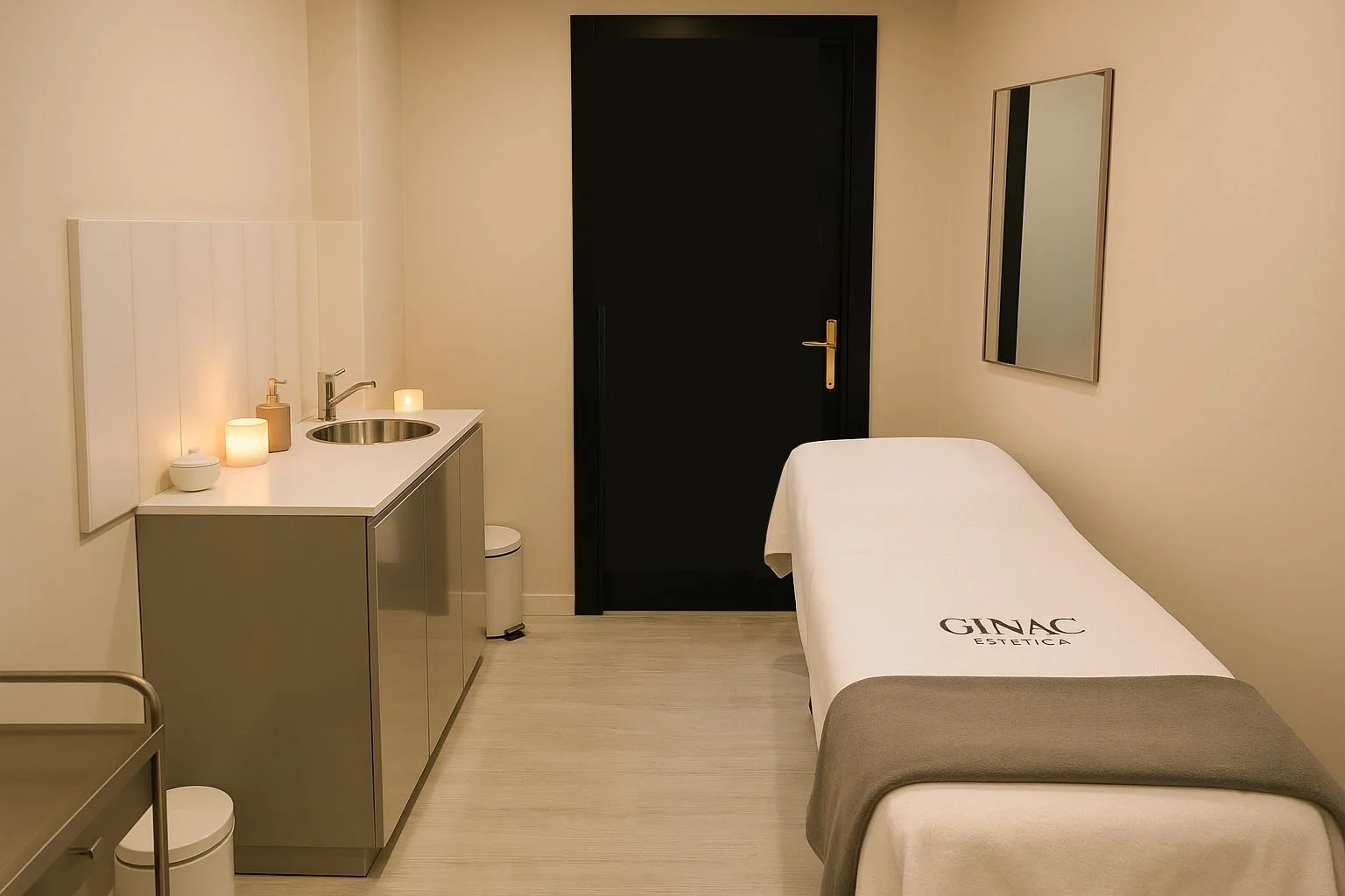 Sala de terapia con camilla, espejo, lavabo, velas y decoraciones en tonos neutros.