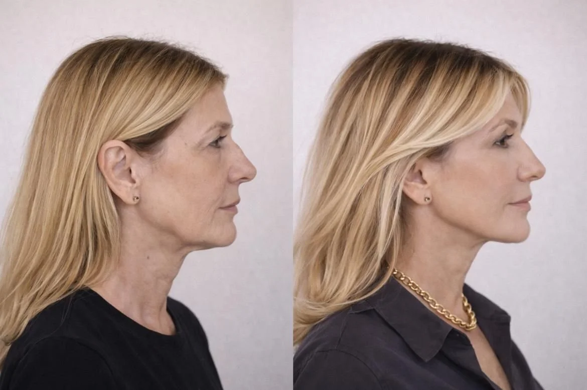 Comparación de perfil de una mujer antes y después de un tratamiento estético, mostrando la mejora en la apariencia facial y el contorno de la mandíbula.