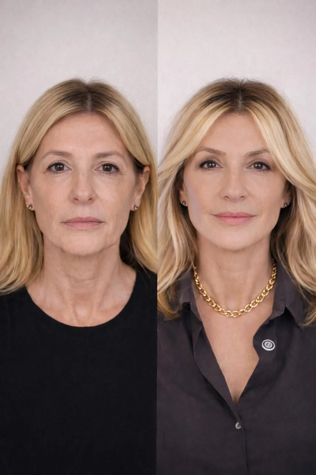 Comparación de dos fotos de una mujer, en la izquierda muestra su rostro sin maquillaje y en la derecha con maquillaje y peinado, usando collar dorado y camisa gris oscuro.