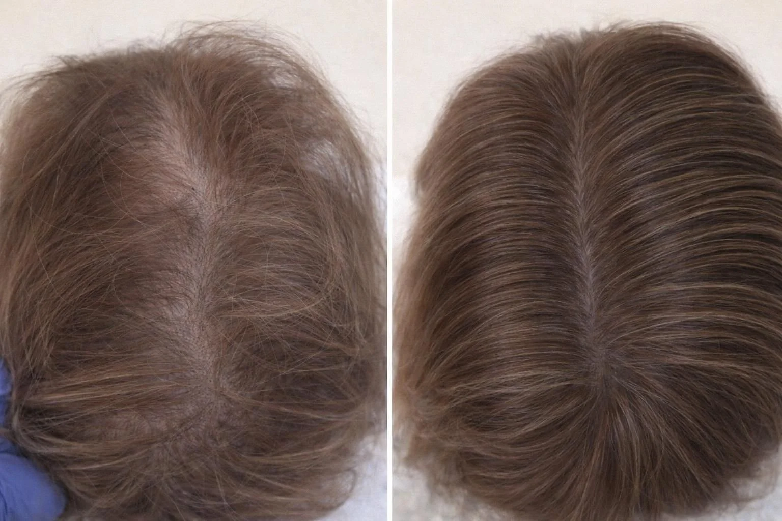 Comparación de cabello, antes y después de tratamiento para la caída o pérdida de cabello.