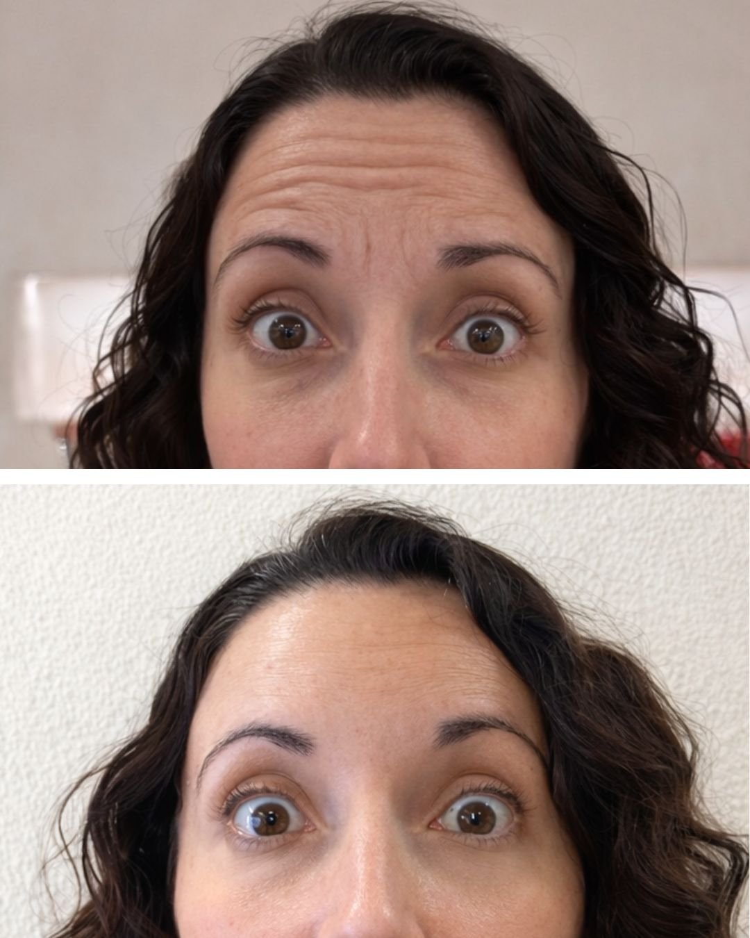 Primer plano de una mujer con expresión de sorpresa, de cabello castaño oscuro y rizos, frente a un fondo neutro.