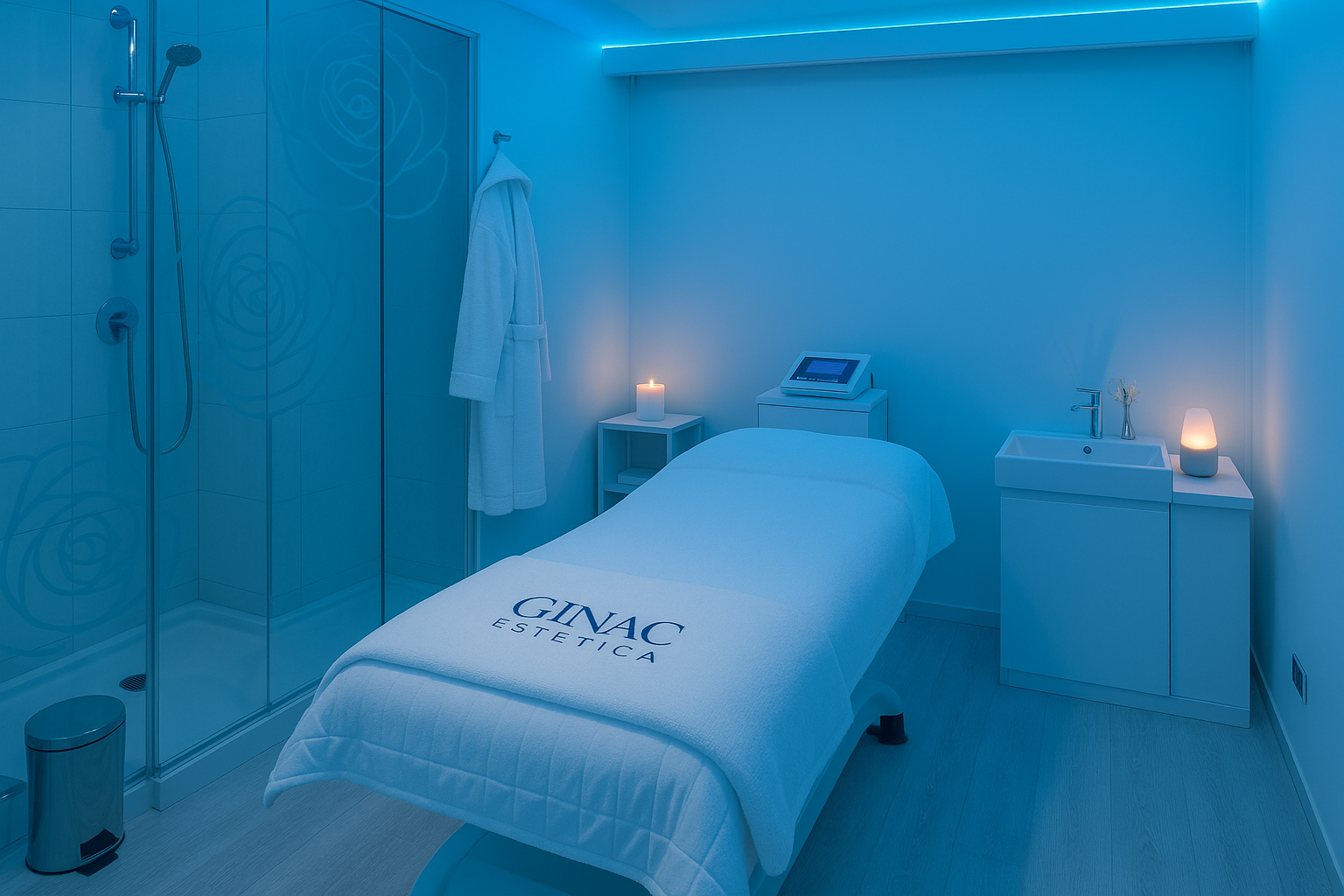 Sala de tratamiento en un spa. Camilla con sábanas blancas con el logo GINAC Estética, luces suaves, ducha de cabina, y mobiliario minimalista en tonos blancos.