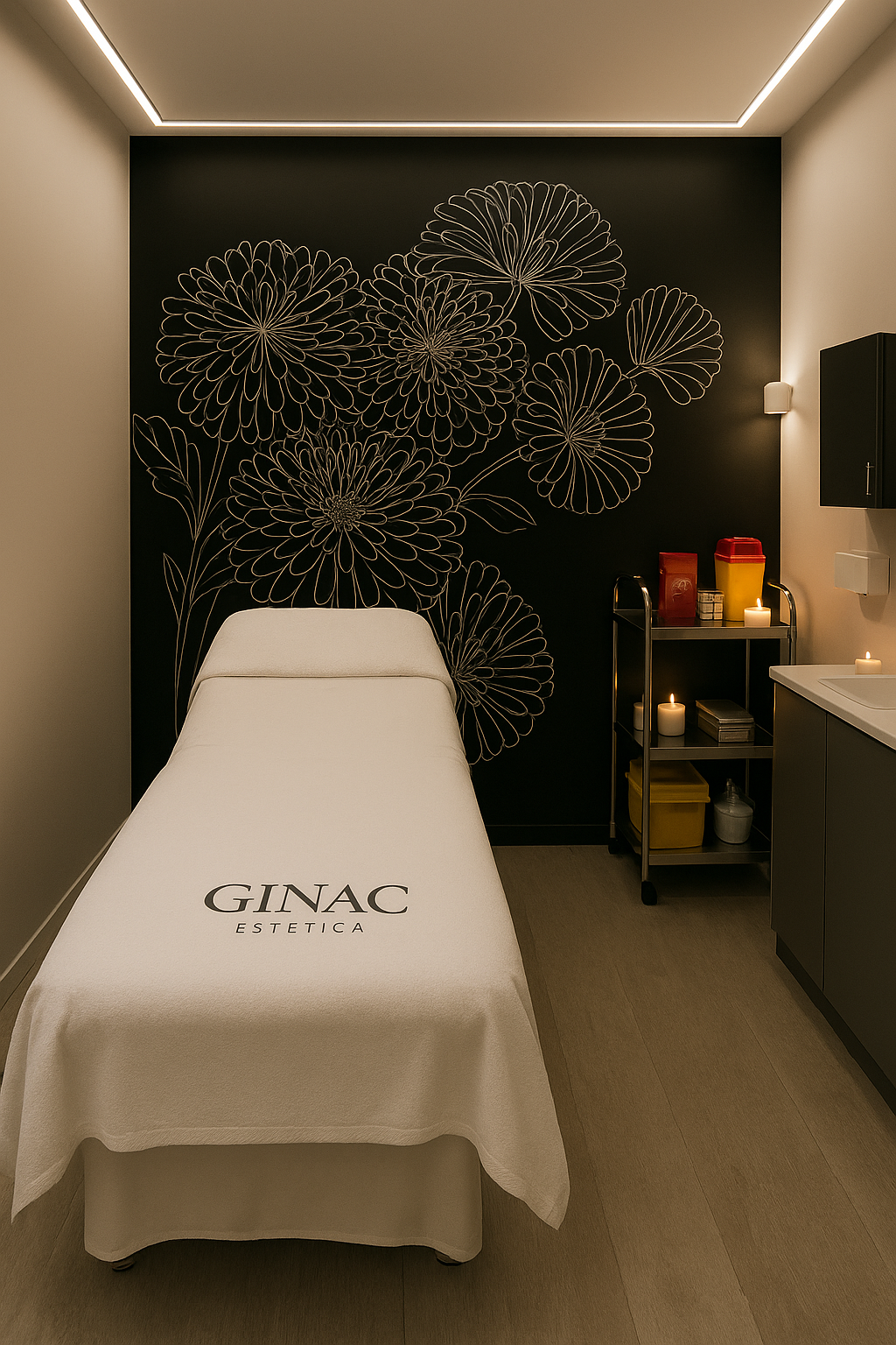 Una camilla de masaje en una sala de estética con paredes negras y un mural de flores en la pared de fondo, iluminación suave, velas sobre un carrito y un lavabo a la derecha.