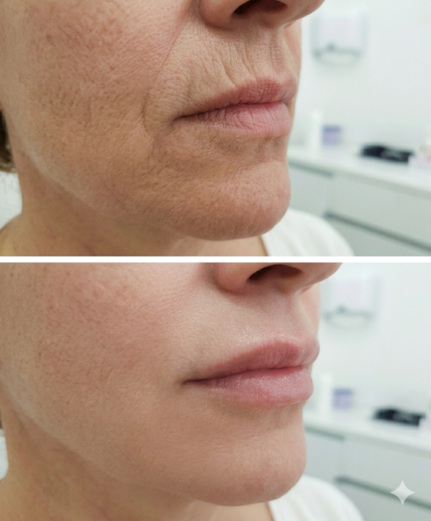 Comparación de la piel de una mujer, antes y después de un tratamiento cosmético, mostrando una piel más lisa y limpia en la segunda imagen