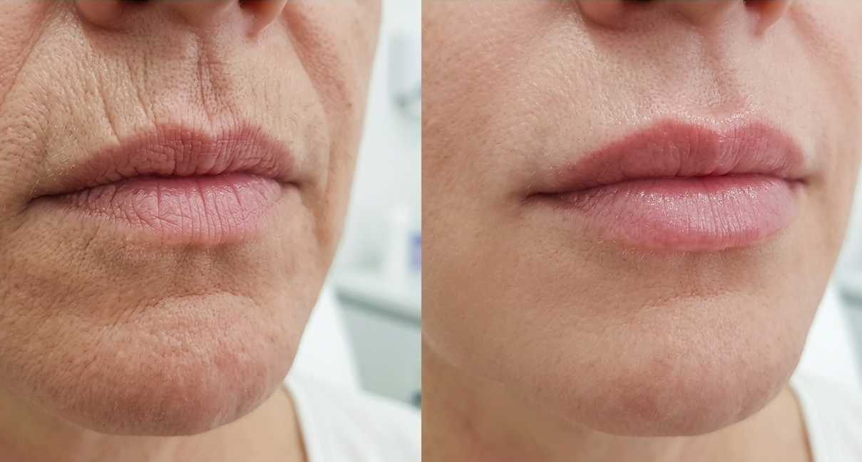 Comparación de labios y área facial, mostrando antes y después de un tratamiento para mejorar la textura y apariencia de la piel y los labios.