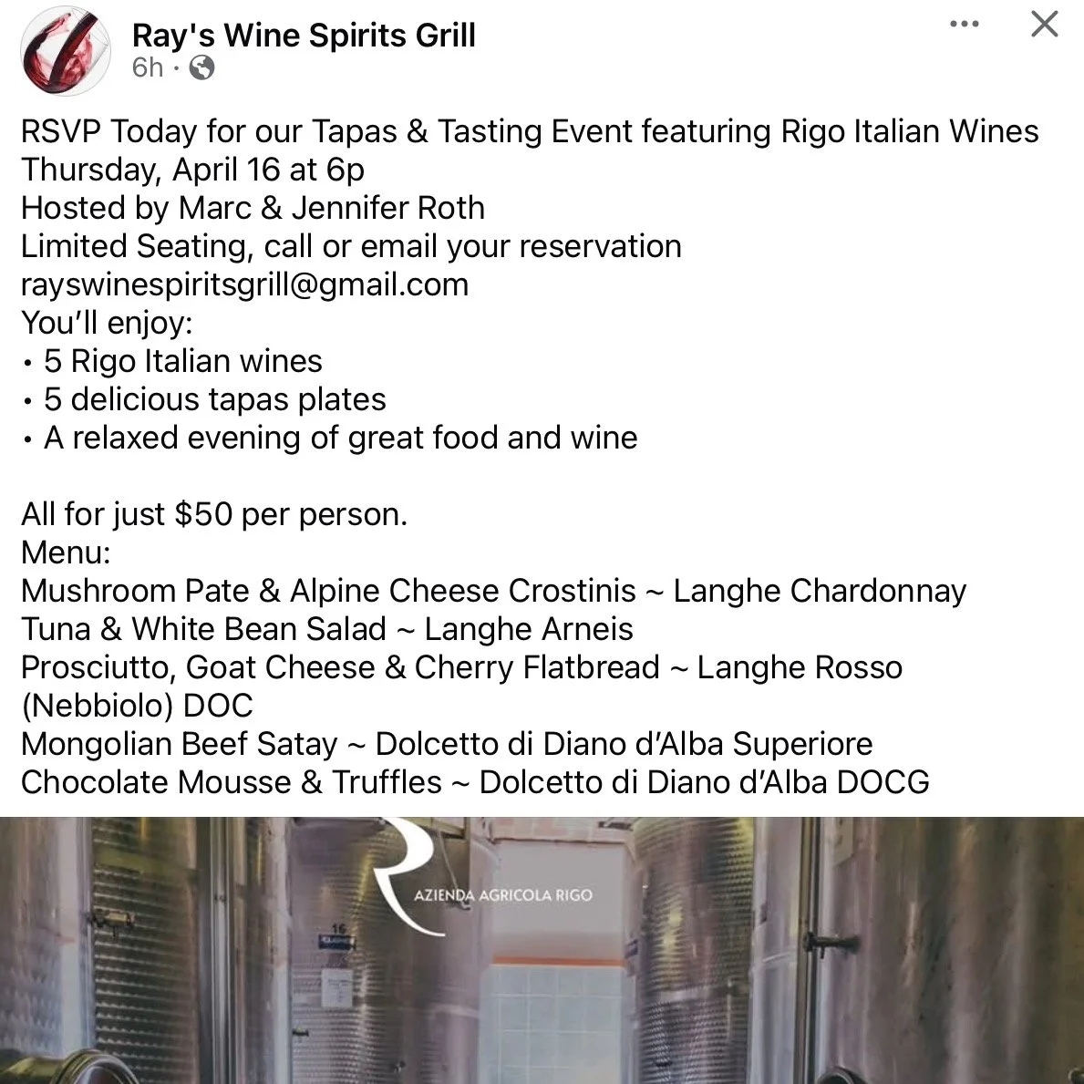 Join us at Ray&rsquo;s in Englewood for a Rigo Winery (Piedmont, Italy) food and wine evening! Thursday, 16 April, 6pm