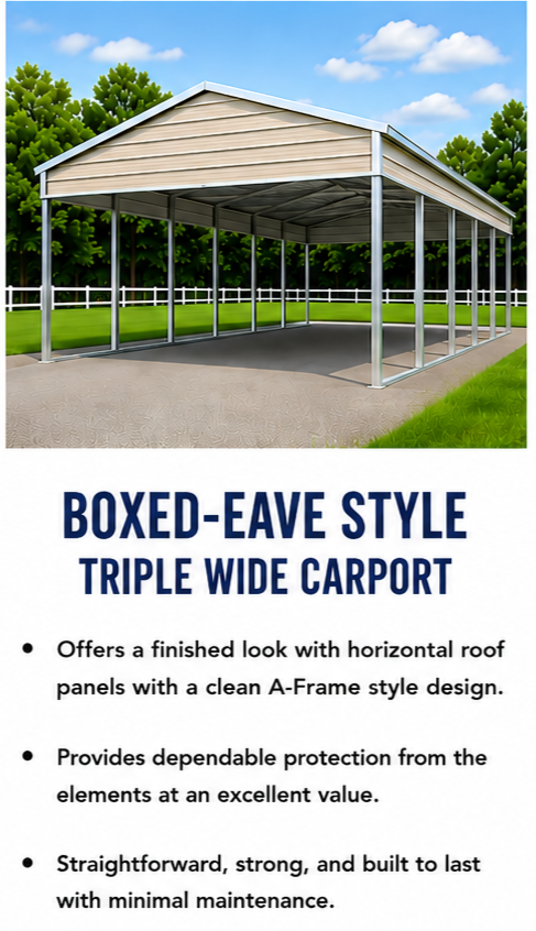 Illustration of a large, open-sided, triple wide carport with a box-eave style roof and horizontal roof panels, set on a paved surface with green grass and trees in the background.