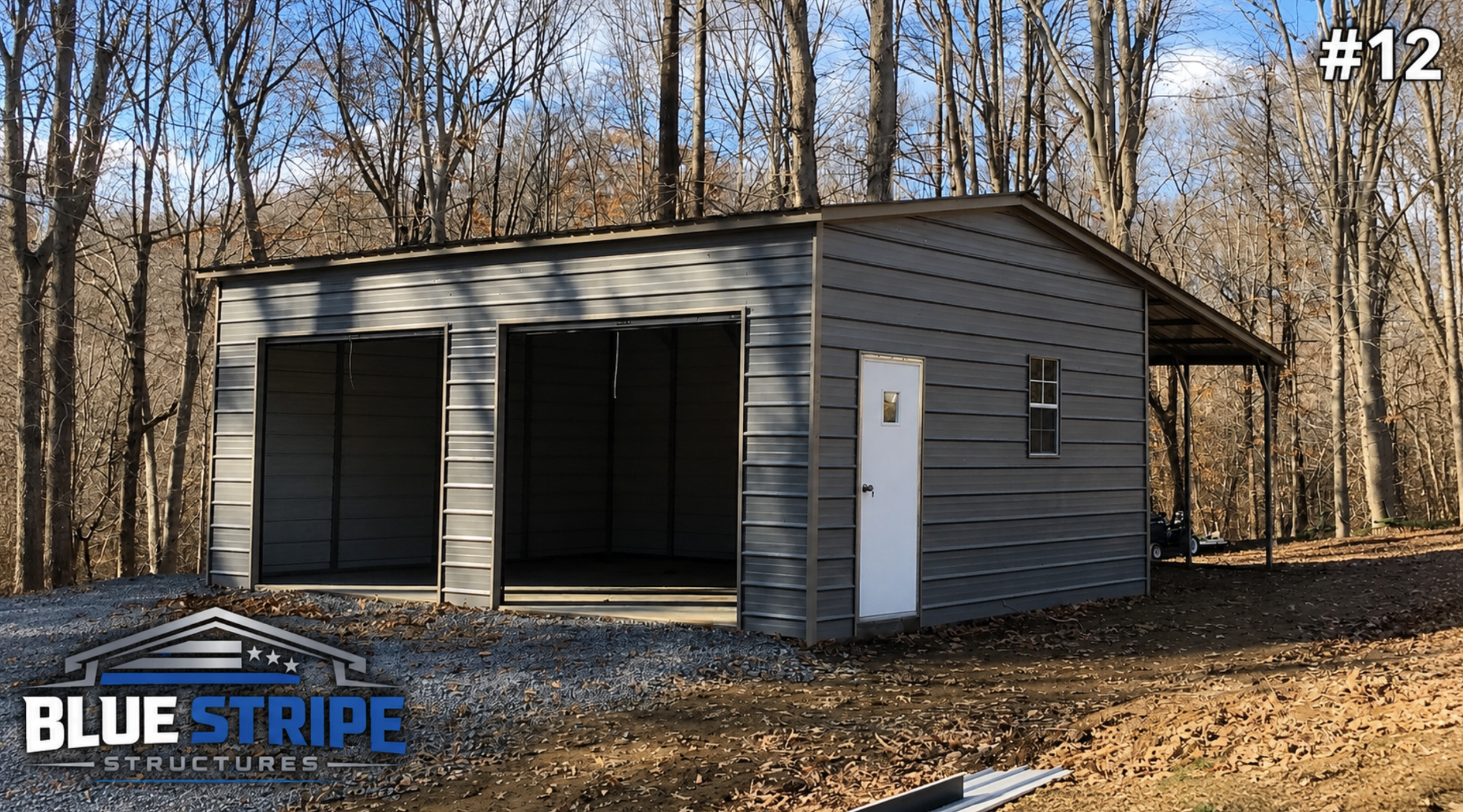 Durable gray steel garage installed in wooded area