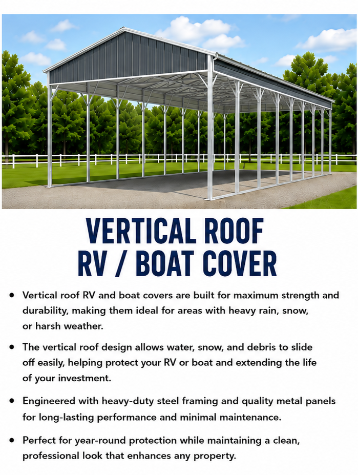 Illustration of a metal structure with a vertical roof designed for RV or boat cover, surrounded by green trees and a white fence, with descriptive text about its features and benefits.