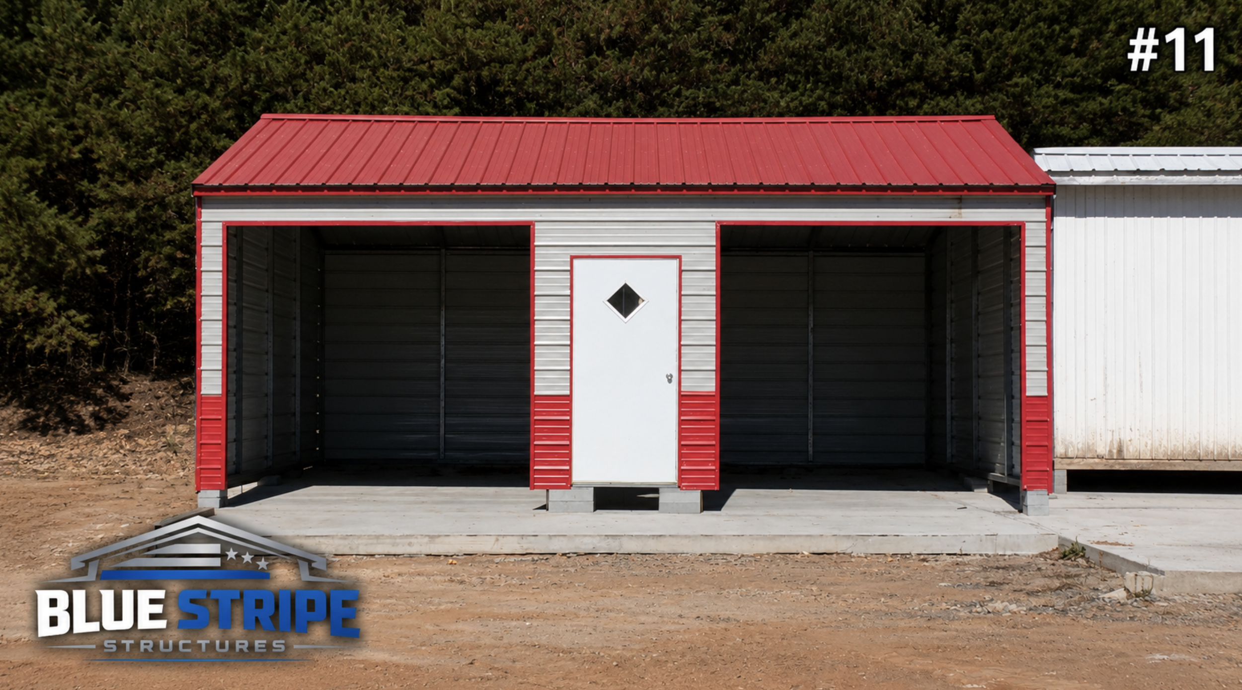 Compact metal storage garage with red trim and dual bays
