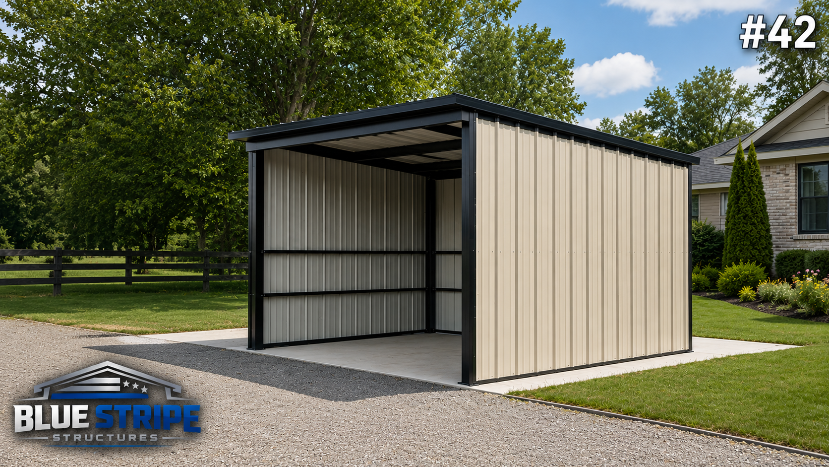 Compact steel storage shed with open front access