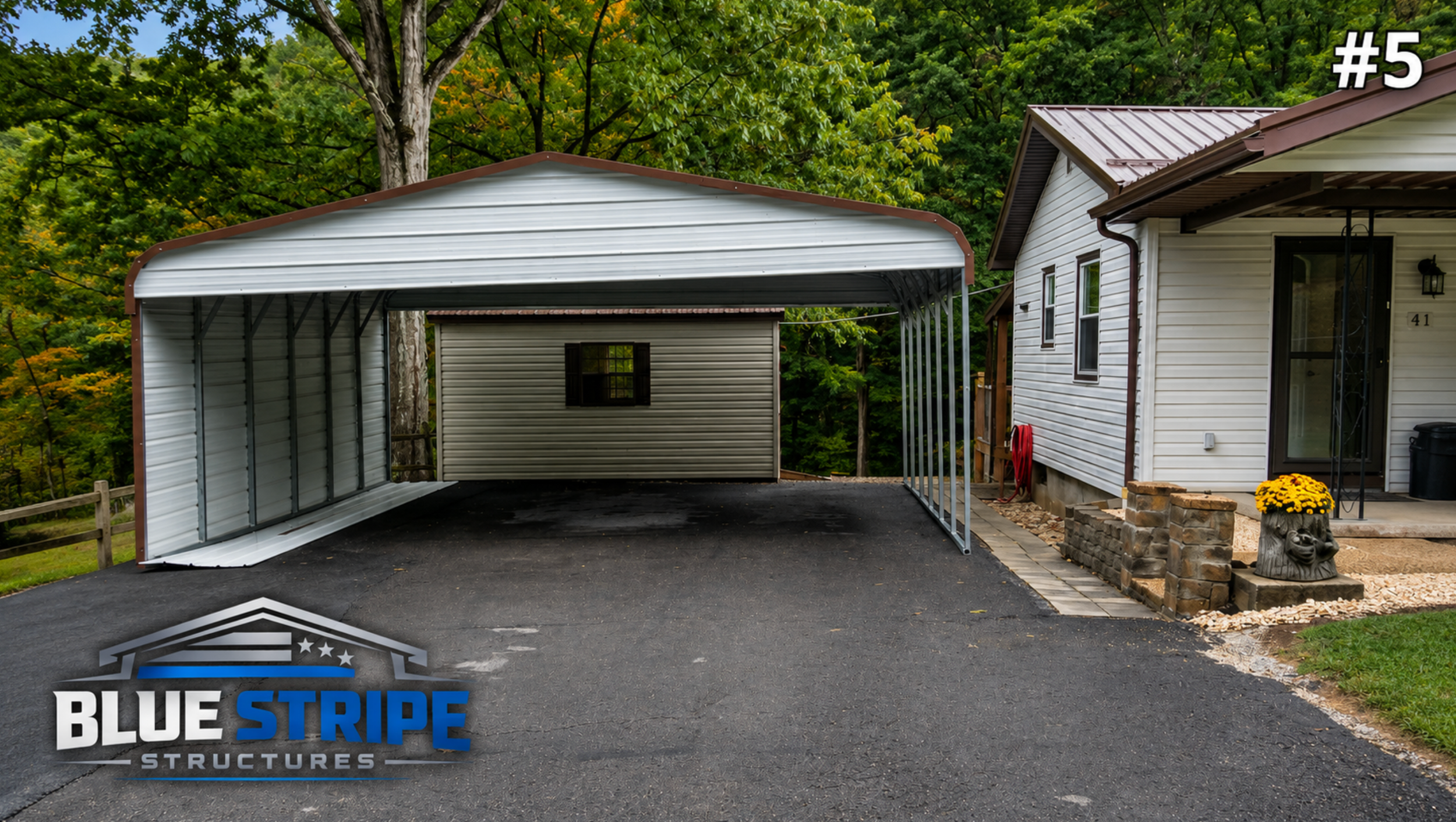 Residential metal carport attached beside a home driveway