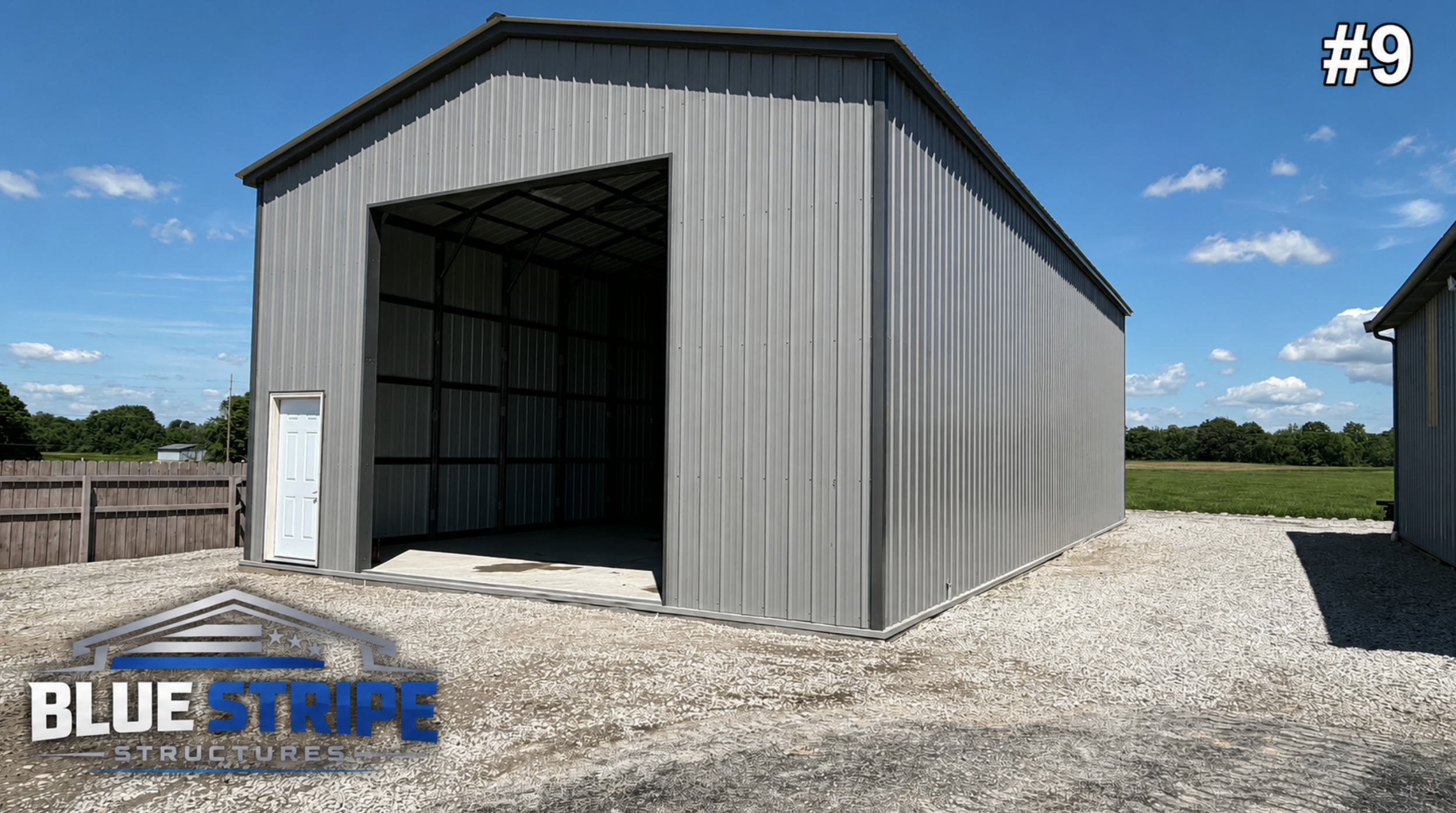 Tall custom workshop building with oversized garage opening