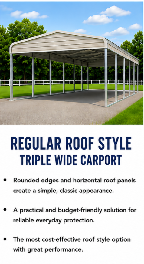 Diagram of a white, triple-wide, regular roof style carport with a curved roof and horizontal panels, set in a grassy area with trees and a blue sky with clouds.