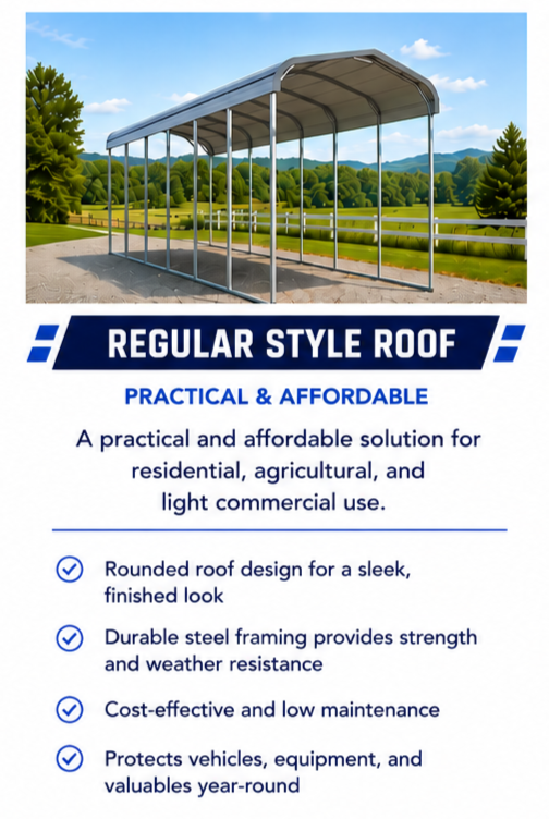 A metal carport with a curved, regular style roof situated outdoors in a grassy area with trees and mountains in the background.