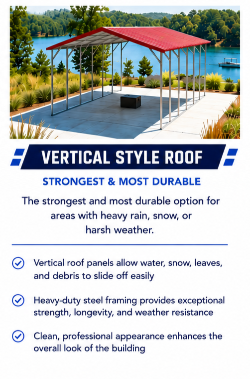Illustration of a metal structure with a red vertical-style roof, set on a concrete surface near a lake with trees and bushes in the background, promoting a durable, weather-resistant vertical roof design for outdoor areas.