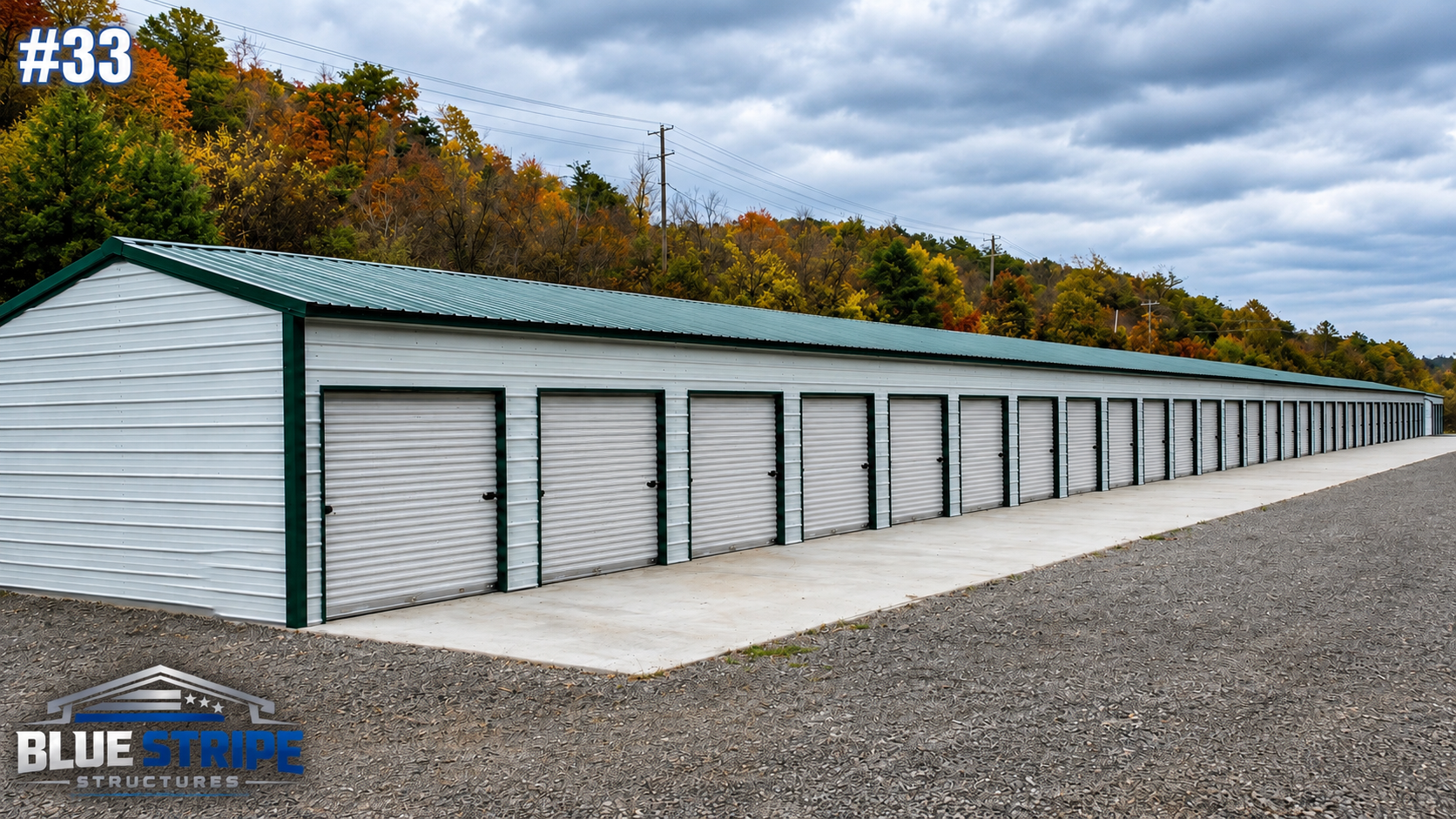Multi-unit metal storage building with roll-up storage doors