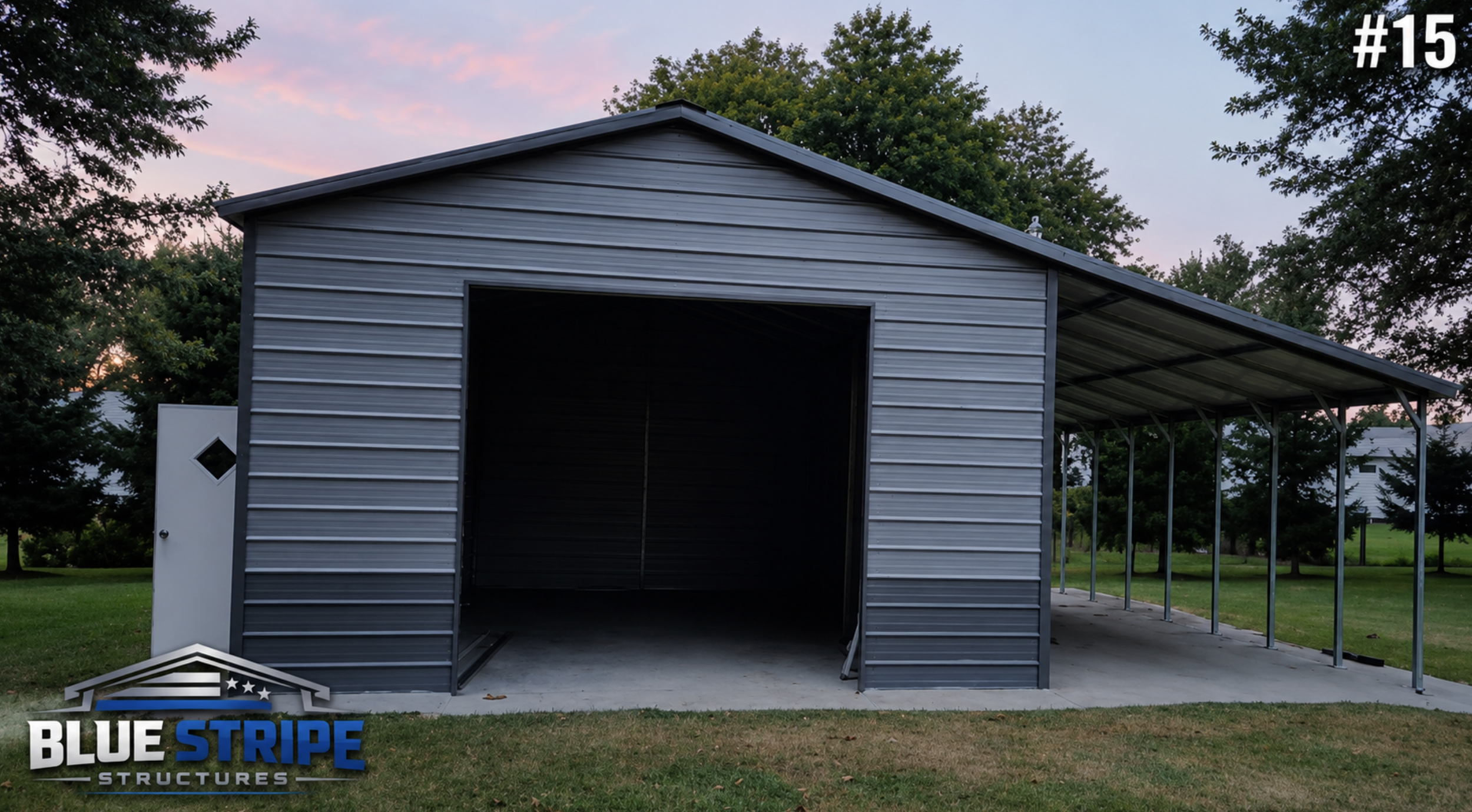 Gray metal garage building with covered side lean-to