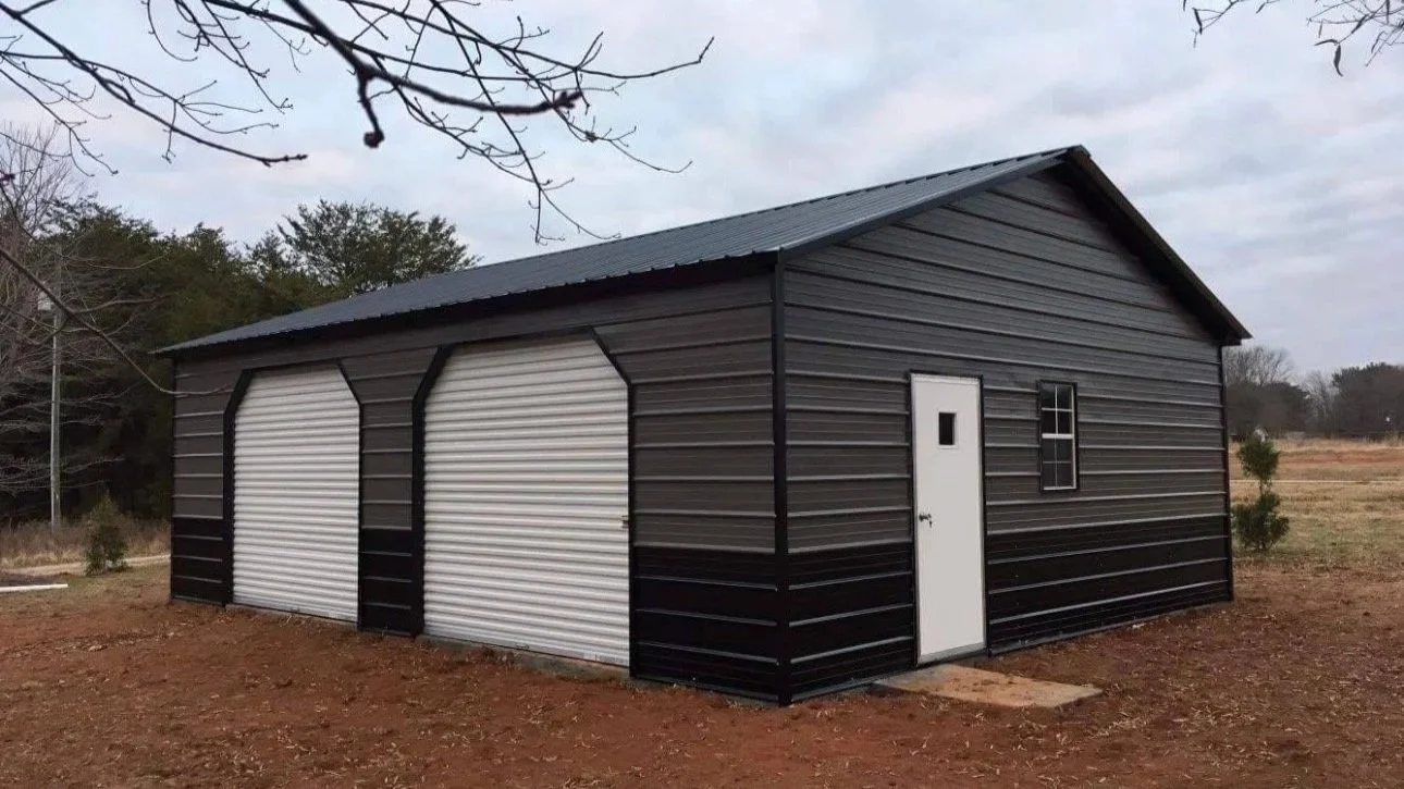 Two car garage with walk-in door and window