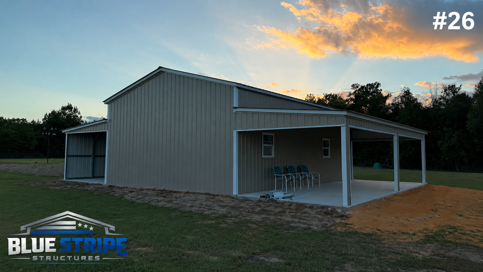 Custom barndominium-style metal building with front porch