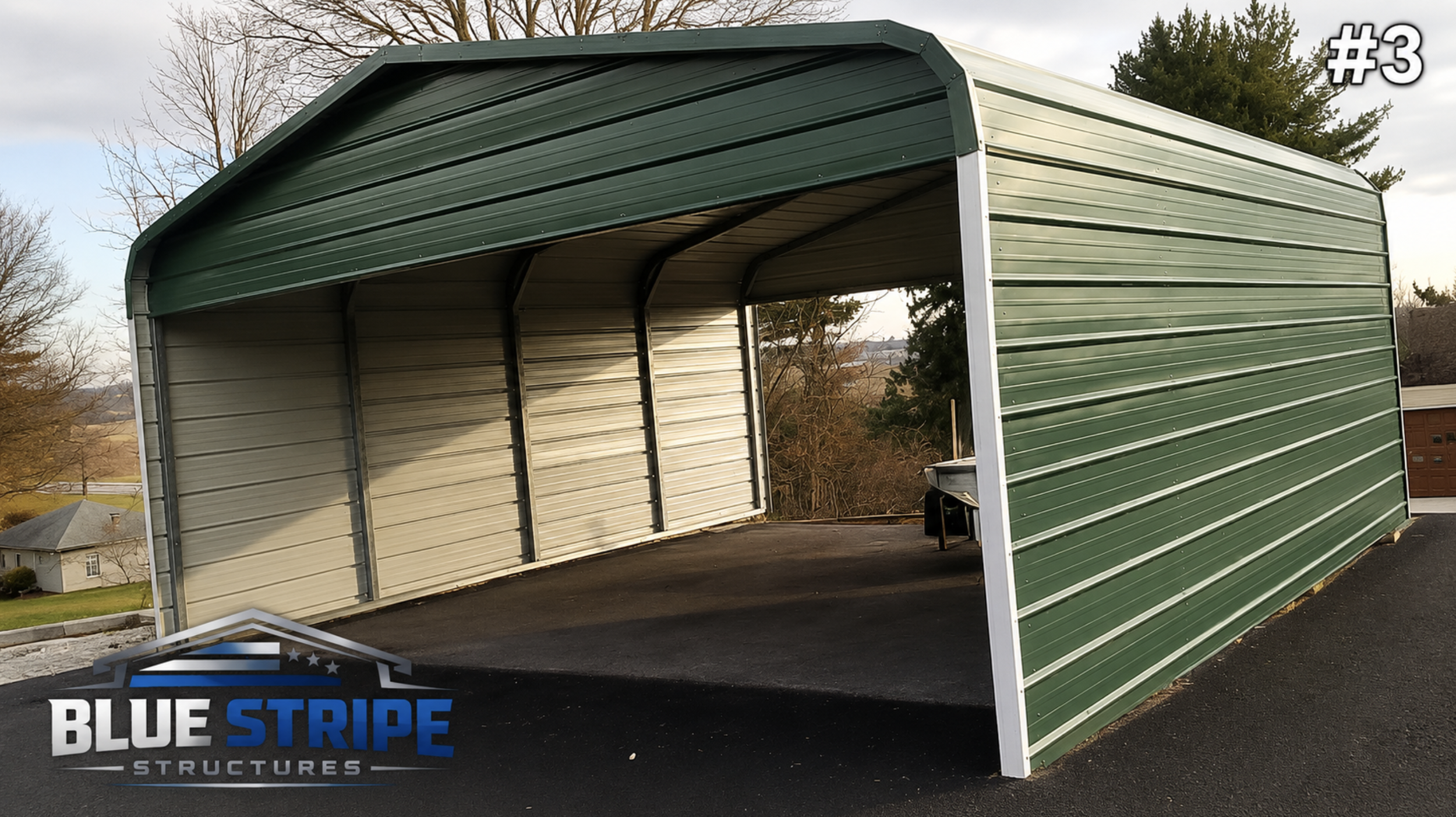 Enclosed green metal RV cover with durable steel framing