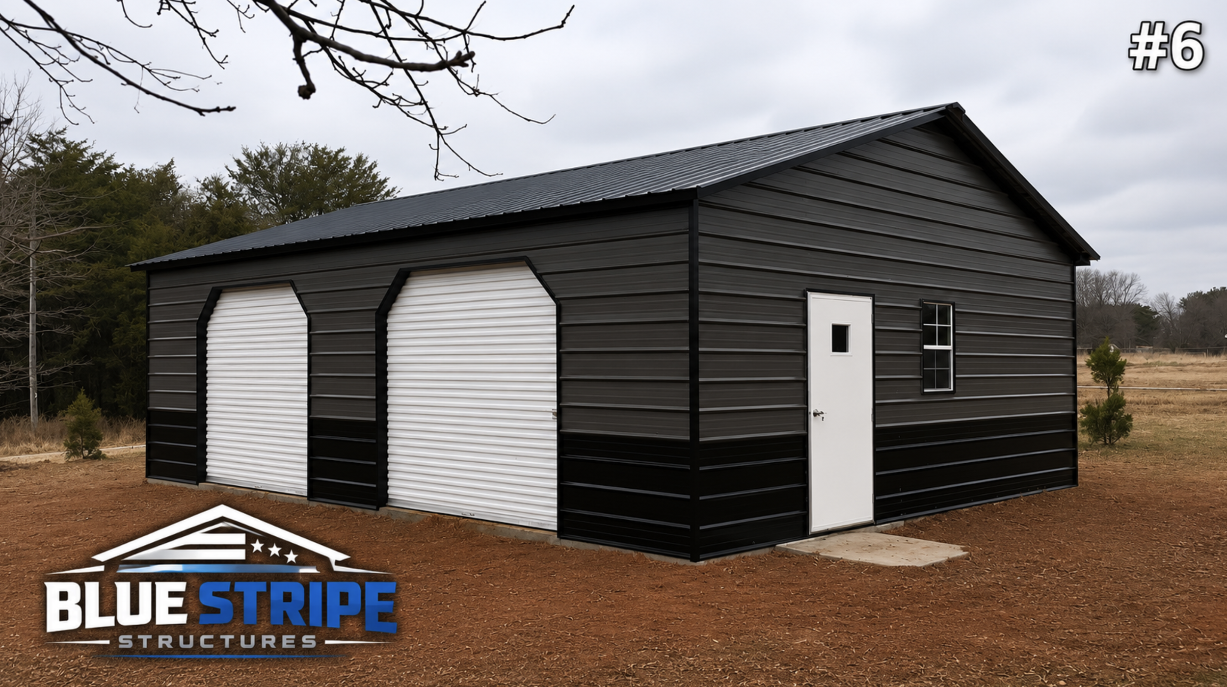 Black custom garage with dual roll-up garage doors