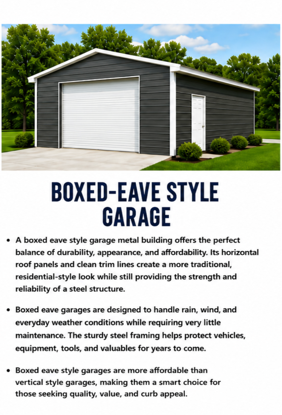 Illustration of a black metal garage with a white roll-up door, side door, surrounded by green bushes and trees under a blue sky with clouds, with a description of a boxed-eave style garage below.