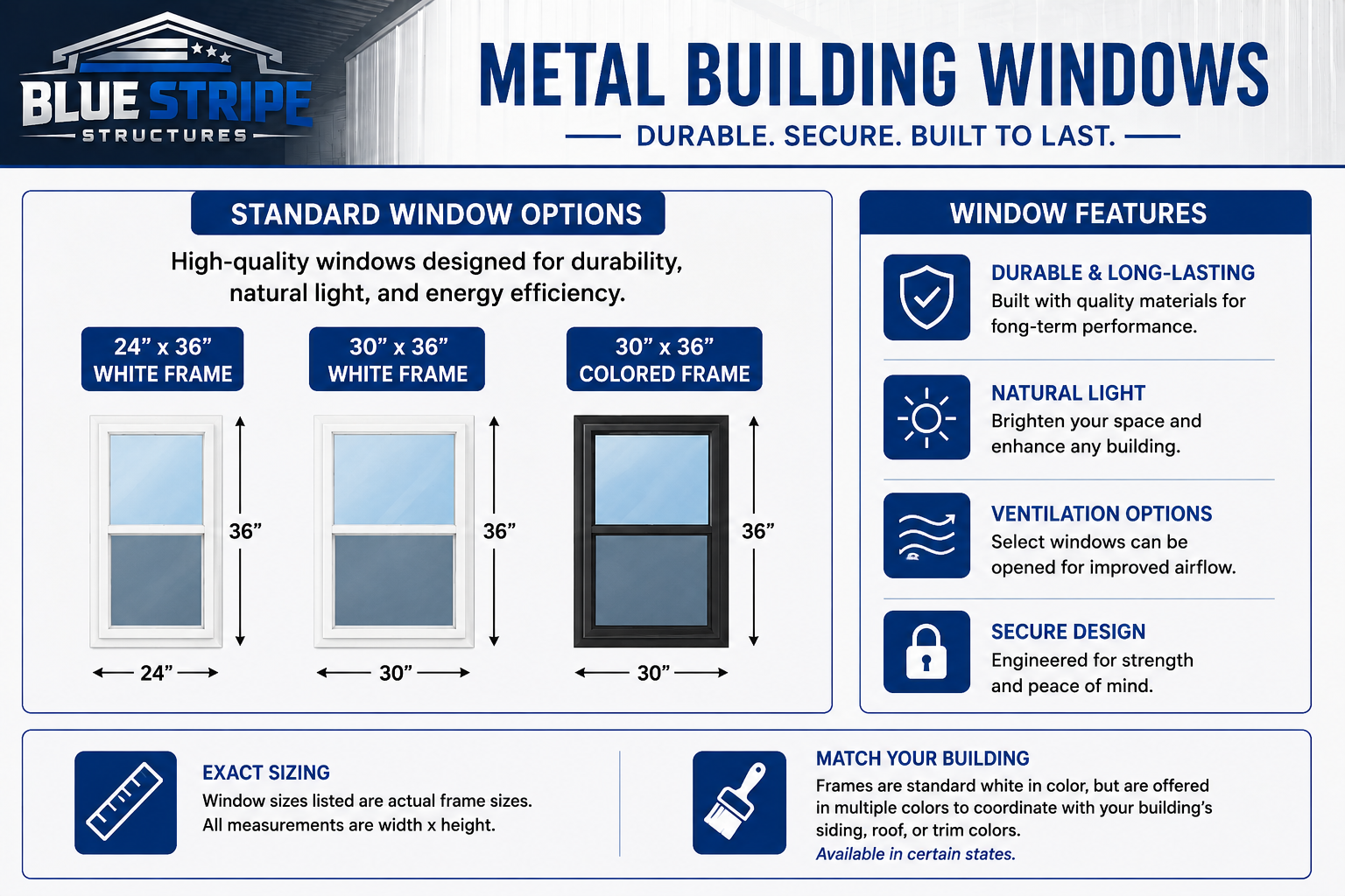 Advertising poster for Blue Stripe Structures metal building windows, showcasing options for standard window sizes and frame colors, with features emphasizing durability, natural light, ventilation, and secure design.