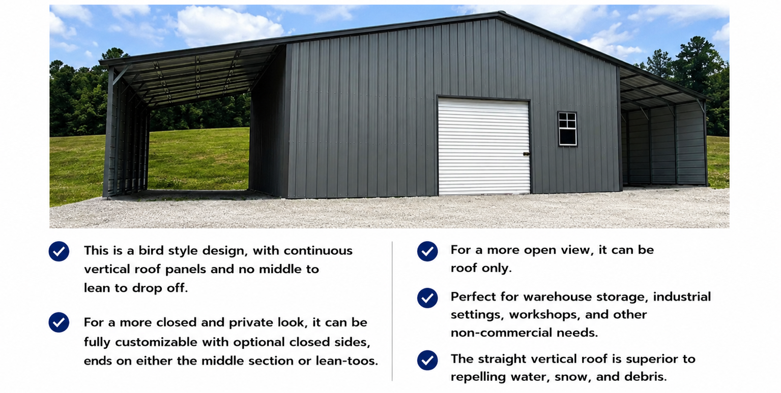 Photo of a large metal storage building with a forklift door, a small window, and a curved open side, set on a gravel lot with a grassy hill and trees in the background.
