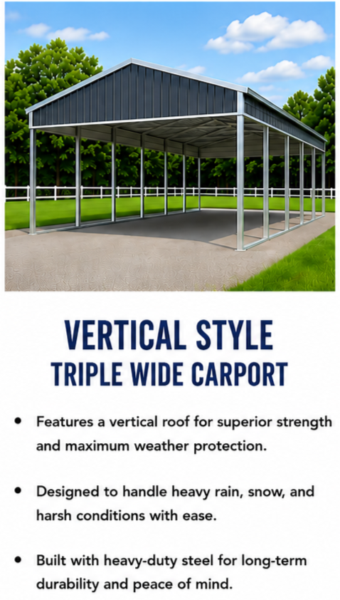 Illustration of a vertical style triple wide carport with a metal roof and supporting beams, set against a background of green trees and a partly cloudy sky. The image includes text describing the features of the carport as strong, weather-resistant, and built with heavy-duty steel.