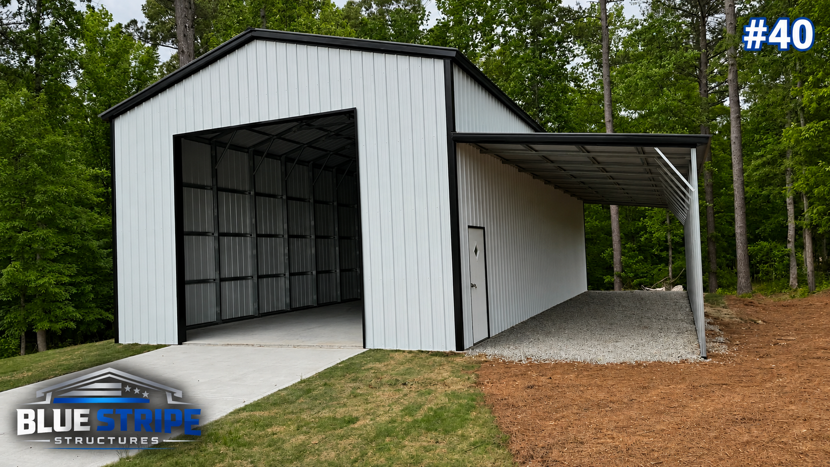 Enclosed workshop building with attached covered lean-to