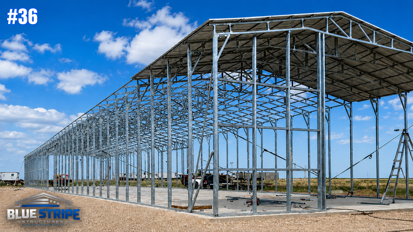 Open-frame commercial steel structure under construction