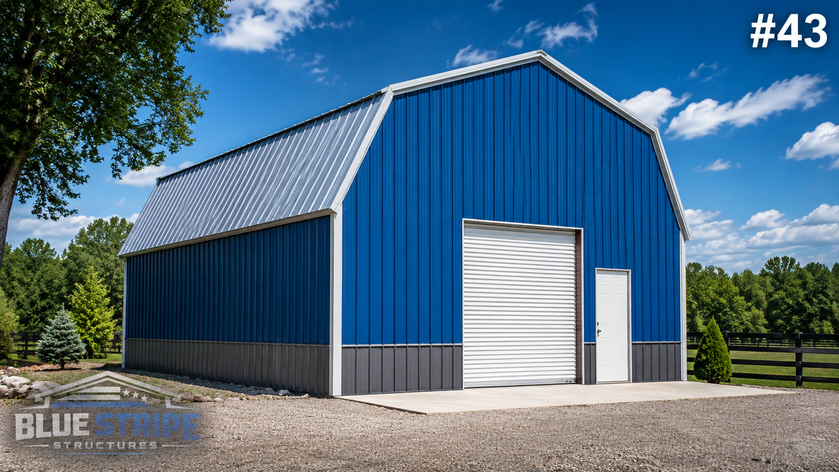 Blue custom metal garage with vertical roof and roll-up door